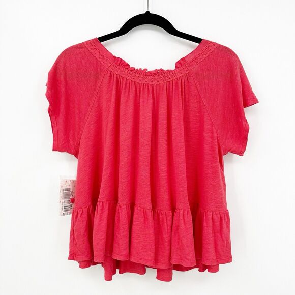 Free People Charlie Tee Size XS Women Oversized Short Sleeve Flounce Ruffle Red - Picture 4 of 11